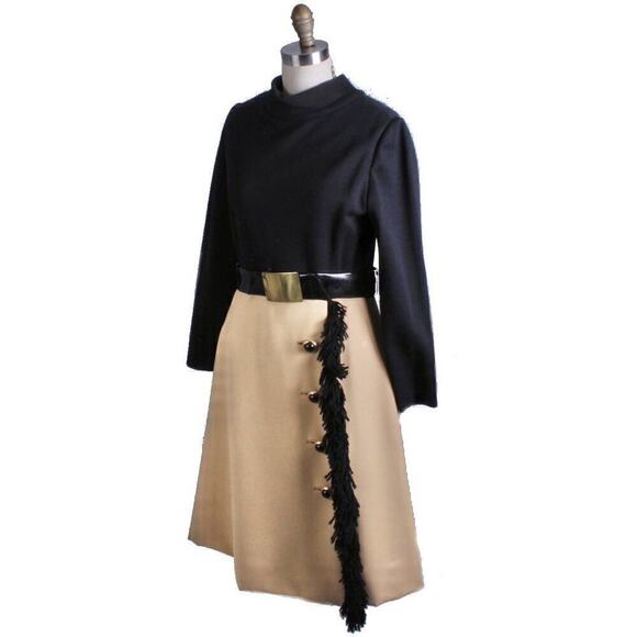 Retro Pat Sandler Wool Knit Dress Color Block Black/Tan Fringe 69's-70s Size M - Picture 6 of 7